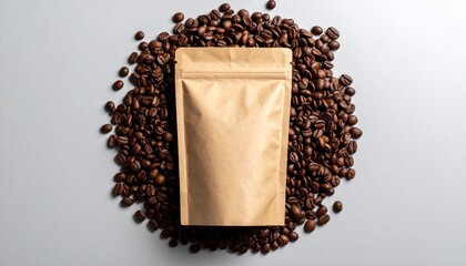 Craft coffee branding mockup with blank kraft paper bag surrounded by aromatic roasted beans, perfect for showcasing your unique blend and packaging design