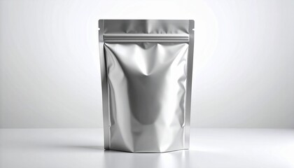 Sleek silver stand up pouch mockup for product packaging needs, perfect for showcasing your brand in a clean, professional presentation and marketing projects