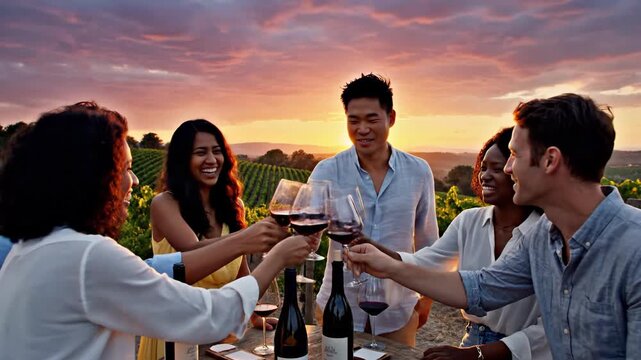 Joyful people enjoying wine tasting celebration outdoors at sunset