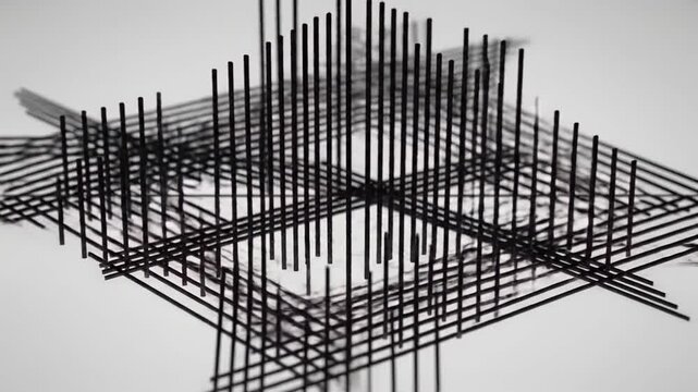 Interwoven steel rebar lattice forms a geometric cube with stark lines and dramatic shadows.