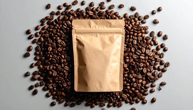 Fresh roasted coffee beans surrounding blank craft pouch offer tantalizing aroma for cafes, restaurants, and packaging mockups