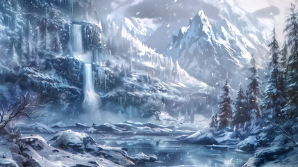 snow-covered elven halls, frosted waterfalls, pine trees dusted