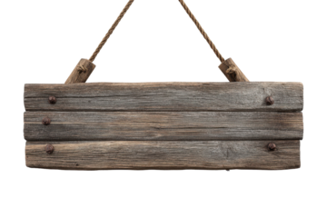 Rustic wooden sign with rope hanging on black background weathered