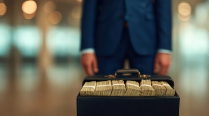 A businessman stands with a briefcase filled with cash, symbolizing wealth and success in a sophisticated environment.