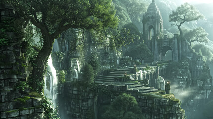 an elven valley sanctuary hidden deep within a lush green gorge,