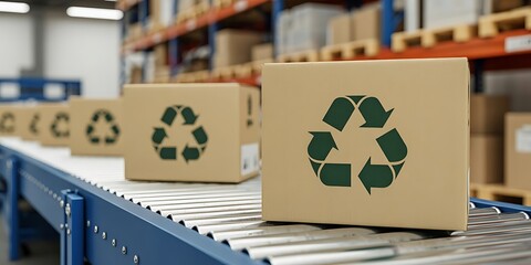 Recycling boxes on conveyor belt in warehouse logistics