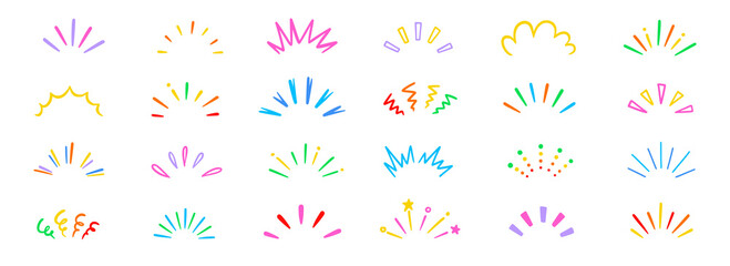 Line surprise shine ray color icon set. Hand drawn doodle color sparkle shine, surprise, sunburst frame with pop confetti ornament element collection. Comic headline decoration light ray. Vector