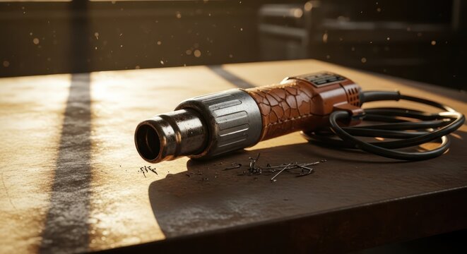 Macro composition of a retro soldering gun on a brown wooden table under morning light