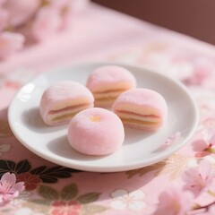 4k high quality Ai generative HD photo realistic menu selling eat food dessert fluffy sweet small cute kawaii pink sakura fresh baked oven cookies cherry blossom marshmallow stack mochi jelly