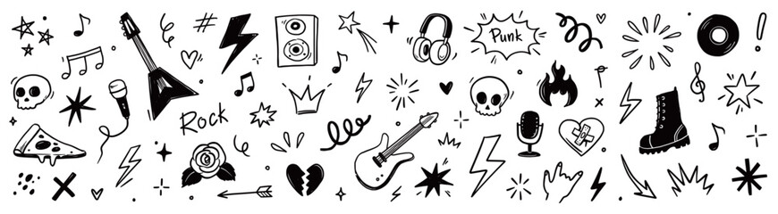 Rock and roll music icons with punk guitar stickers, grunge skulls, hand gestures, stars and tattoo style band symbols. Hand drawn grunge doodle style rock music icons. Vector illustration © Polina Tomtosova