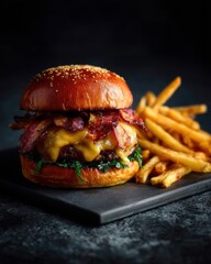 Gourmet cheeseburger with melted cheddar bacon and brioche bun beside crispy golden fries on dark slate platter for restaurant menu fast food branding and culinary advertising

