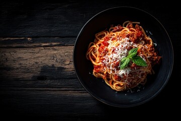 Rustic spaghetti bolognese with parmesan and basil on dark reclaimed wood table for Italian restaurant menu culinary branding and food delivery packaging concept

