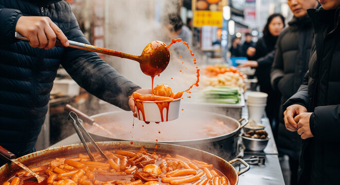 Vendor Ladling Spicy Tteokbokki from Steaming Pot into Bowl at Busy Street Market