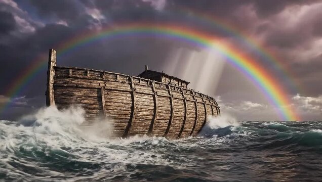 Massive Wooden Ark Battles Storm Waves As Stunning Rainbow Appears