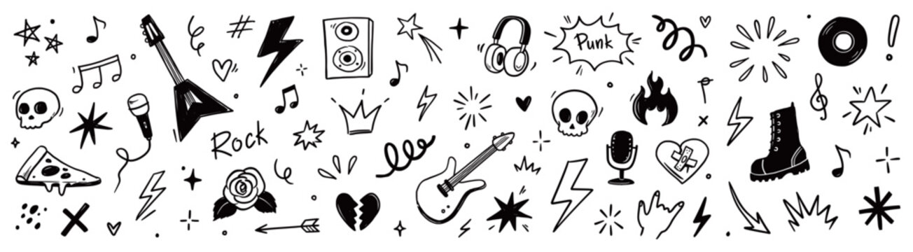 Rock and roll music icons with punk guitar stickers, grunge skulls, hand gestures, stars and tattoo style band symbols. Hand drawn grunge doodle style rock music icons. Vector illustration