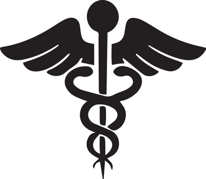 Black symbol features a staff entwined with two snakes, and prominent wings displayed, transparent background