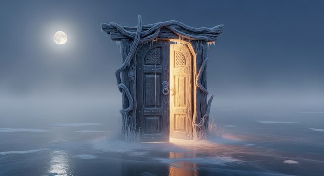 Mystical gateway with an open door amidst a serene frozen landscape under a luminous moon