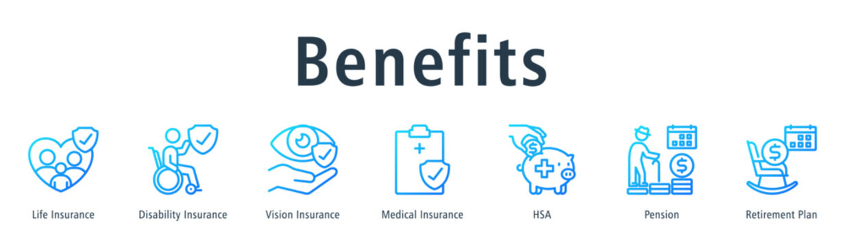 Benefits  Web Banner Outline Gradient icon vector illustration concept with icon of life insurance, disability insurance, vision insurance, medical insurance, hsa, pension and retirement plan
