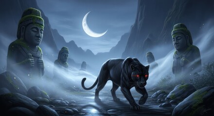 Mystic passage of a black panther under moonlight guardian statues observing