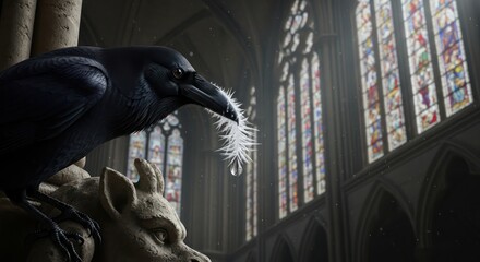 Fototapeta premium Raven perches on gargoyle in cathedral showcasing feather and stained glass detail