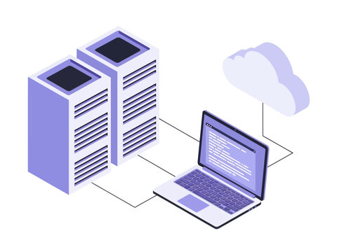 This isometric vector art depicts a laptop running code connected via lines to dual server racks and a floating cloud, representing the integration of local development with cloud infrastructure