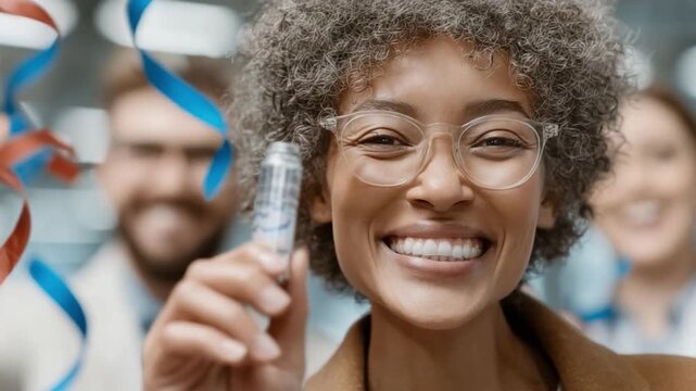 Triumph of Science: A beaming scientist, radiating joy and pride, showcases a vial amidst the celebratory backdrop, symbolizing a breakthrough in scientific innovation. 