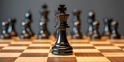 Black Chess King Piece Centered on a Wooden Chessboard