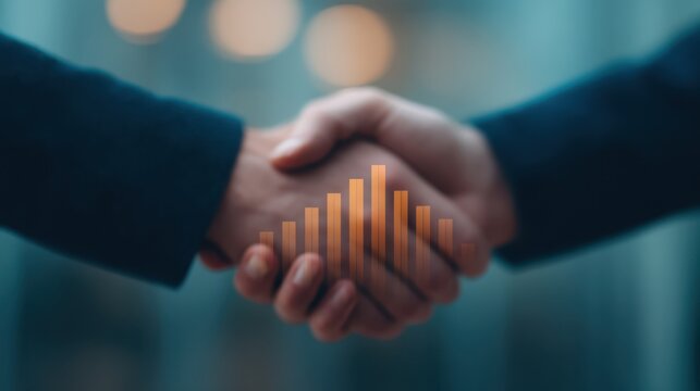 A close-up of two hands shaking, symbolizing partnership or agreement, with a graphical representation of rising bars in the background.
