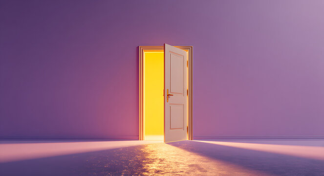 Open the door. Symbol of new career, opportunities, business ventures and initiative. Business concept. 3d render, yellow light inside open door isolated on purple background. Modern minimal concept.