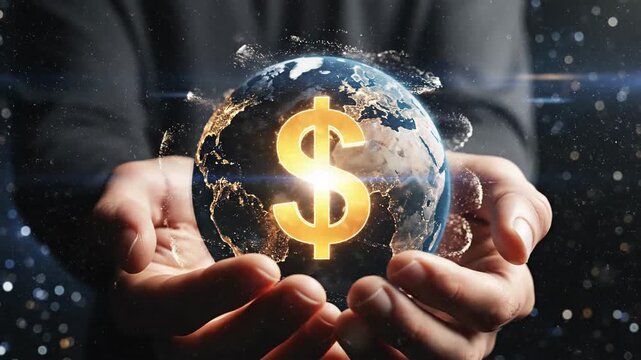 Hands hold glowing world globe with dollar sign global economy finance investment concept - Powered by Adobe