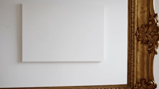 Ornate Golden Frame and Blank Canvas on White Wall.