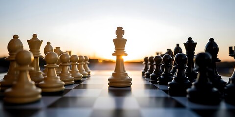 Chess king centered on board at sunset strategy game