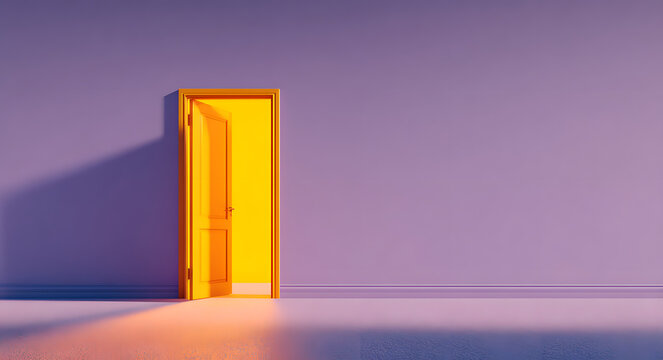 Open the door. Symbol of new career, opportunities, business ventures and initiative. Business concept. 3d render, yellow light inside open door isolated on purple background. Modern minimal concept.