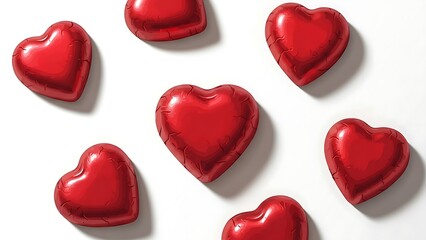 Beautiful shiny red hearts with a crumpled texture scattered on a clean white background. Perfect for Valentine's Day, love, romance, and anniversary themes.