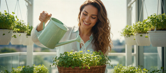 Woman Watering Fresh Herbs on a Sunny Balcony Garden