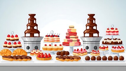 An elaborate dessert buffet featuring two flowing chocolate fountains, an array of cakes, colorful macarons, fresh fruit tarts, and delicious pastries. Perfect for events.