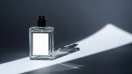 Elegant glass perfume bottle with blank label and shadow cast on dark background, studio shot