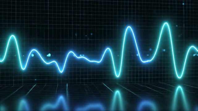 Seamlessly looping visualization of dynamic sine wave frequency pulses moving across a dark digital background energy, flow, future