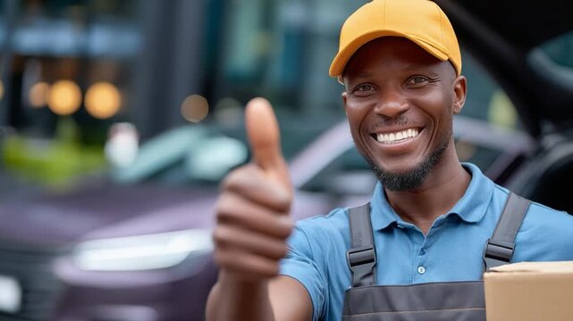 Delivery's Delight: A smiling delivery worker, filled with positivity, flashes a thumbs-up, symbolizing customer satisfaction. Showcasing reliability and commitment. - Powered by Adobe