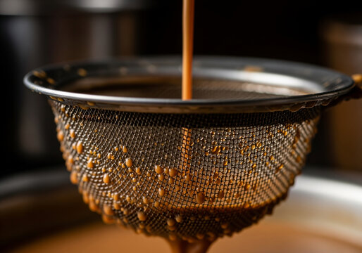 Freshly brewed chai or coffee being strained through a metal sieve with clinging droplets