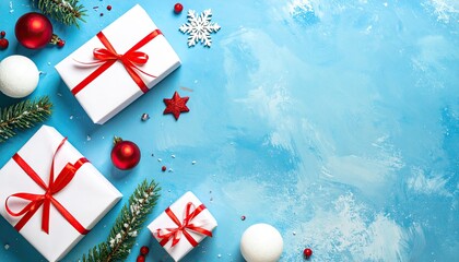 Festive Christmas Gifts and Ornaments on Textured Blue Background.