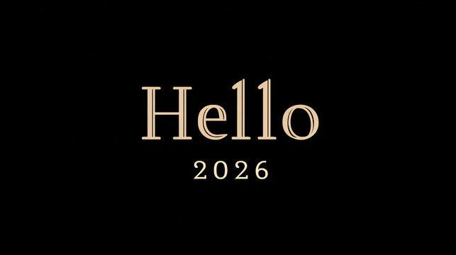Minimal typography Hello 2026, modern graphic design, black and gold palette
