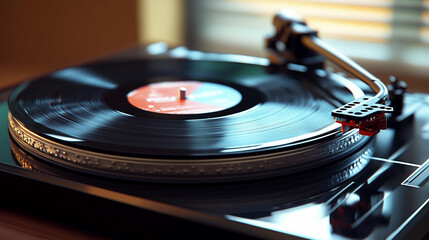 Automatic turntable begins spinning a vinyl record, capturing motion and nostalgia, symbolizing music, vintage charm, analog sound, rhythm, and the tactile joy of classic audio playback in a modern se