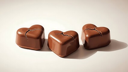 Close-up of three glossy brown heart-shaped chocolates with visible cracks, against a clean white background. Ideal for Valentine's Day or emotional concepts.