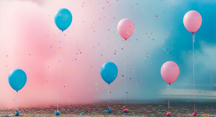 Image is a vibrant and colorful photograph featuring a dreamy backdrop of pink and blue smoke clouds, creating a whimsical atmosphere. Scattered throughout the scene are five helium balloons, with thr