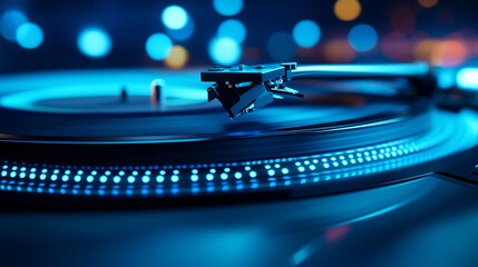 Automatic turntable begins spinning a vinyl record, capturing motion and nostalgia, symbolizing music, vintage charm, analog sound, rhythm, and the tactile joy of classic audio playback in a modern se