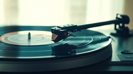 Automatic turntable begins spinning a vinyl record, capturing motion and nostalgia, symbolizing music, vintage charm, analog sound, rhythm, and the tactile joy of classic audio playback in a modern se