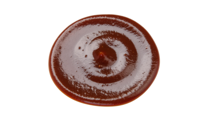 Circular swirl of brown sauce or condiment with a glossy texture, seen from directly above, isolated solid white background and no background