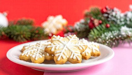 Festive Snowflake Christmas Cookies Decorated with Icing on a Plate.