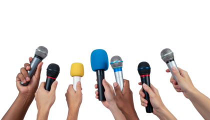 Hands holding various microphones with colored foam windscreens for speaking or singing into on white and transparent